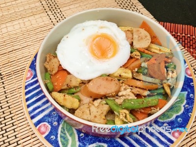 Fried Vegetables Mixed Sausage Served With Fried Egg Stock Photo