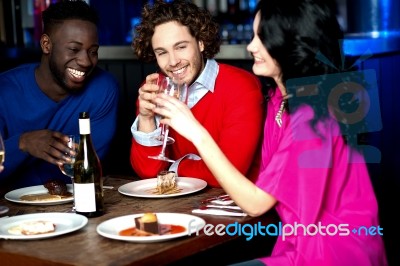 Friends Enjoying Dinner At Restaurant Stock Photo