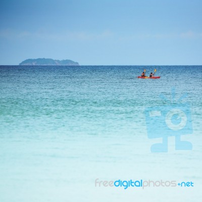 friends paddling kayak Stock Photo