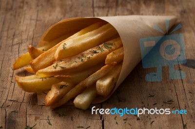 Fries French Herb Still Life Wood Background Close Up Stock Photo