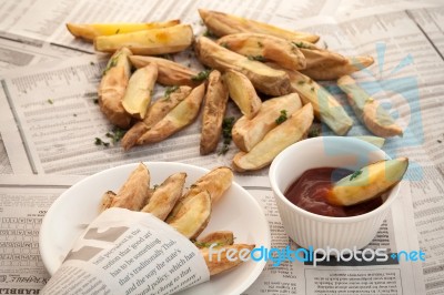 Fries French Ketchup Herb Still Life Stock Photo