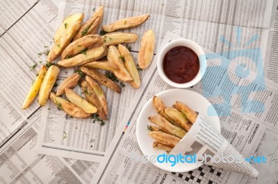 Fries French Ketchup Herb Still Life Stock Photo