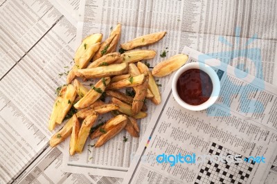 Fries French Ketchup Herb Still Life Stock Photo