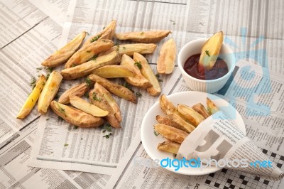 Fries French Ketchup Herb Still Life Stock Photo