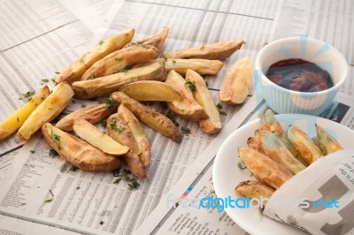 Fries French Ketchup Herb Still Life Stock Photo