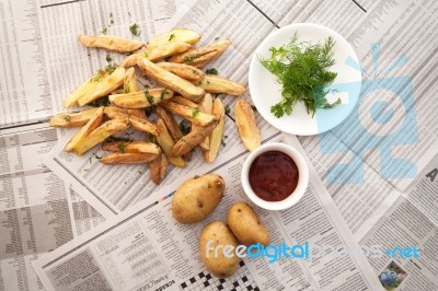 Fries French Ketchup Herb Still Life Stock Photo