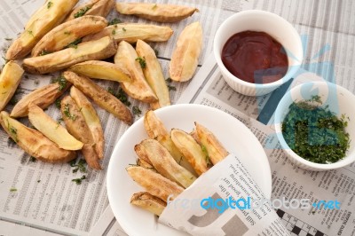 Fries French Ketchup Herb Still Life Stock Photo