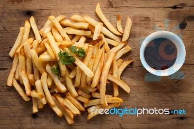 Fries French Ketchup Herb Still Life Flat Lay Stock Photo