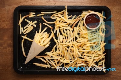 Fries French Ketchup Herb Still Life Flat Lay Stock Photo