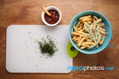 Fries French Ketchup Herb Still Life Flat Lay Stock Photo