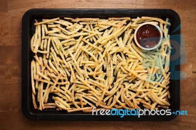 Fries French Ketchup Herb Still Life Flat Lay Stock Photo