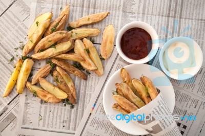 Fries French Ketchup Mayonnaise Herb Still Life Stock Photo