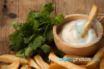 Fries French Sour Cream Herb Still Life Close Up Stock Photo