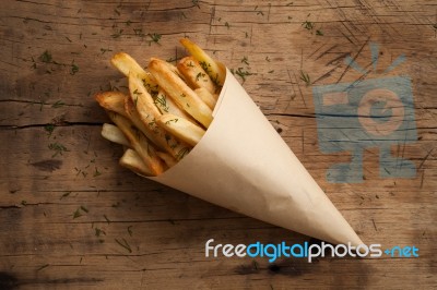 Fries French Still Life Wood Background Flat Lay Stock Photo