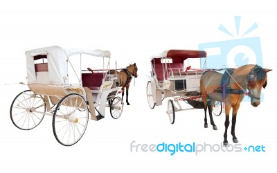 Front And Rear View Of Horse Fairy Tale Carriage Cabin Isolated Stock Photo