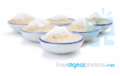 Front Cup Steamed Banana Cake In Cup On White Floor Stock Photo