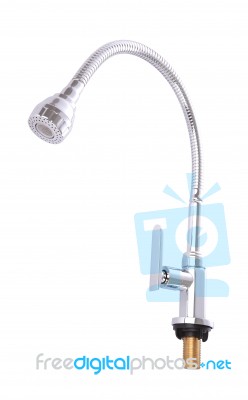 Front Of Big Head Kitchen Faucet On White Background Stock Photo