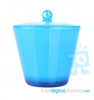 Front Of Blue Plastic Jar With Cover On White Background Stock Photo