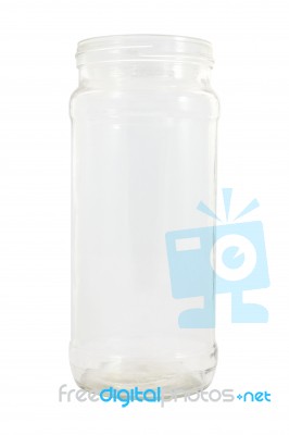 Front Of Glass Bottle With Opened Cover On White Background Stock Photo