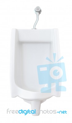 Front Of Urinal With Flush Valve On White Background Stock Photo