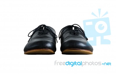 Front View Of Black Leather Shoes Isolated On White Stock Photo