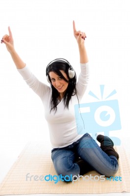 Front View Of Dancing Woman On An Isolated White Background Stock Photo