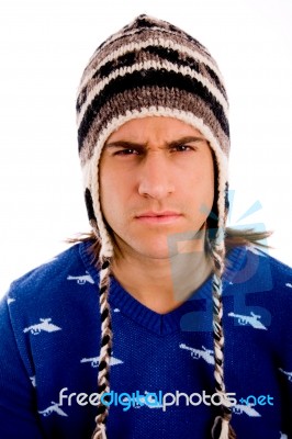 Front View Of Man Wearing Woollen Cap Stock Photo