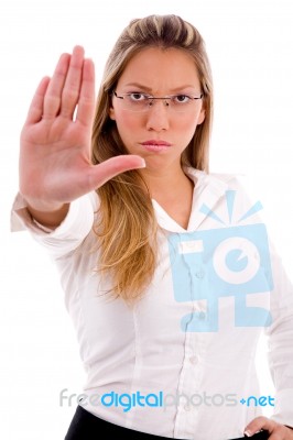 Front View Of Manager Showing Stopping Gesture Stock Photo