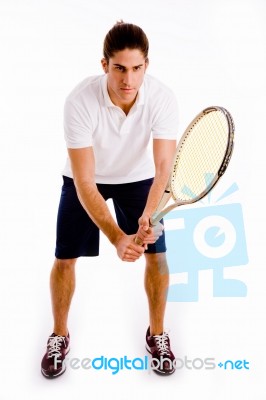 Front View Of Player Holding Racket Stock Photo