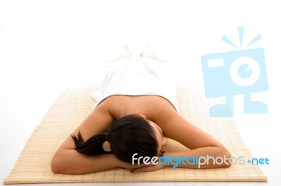 Front View Of Relaxing Woman On White Background Stock Photo