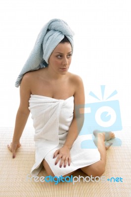 Front View Of Woman After Taking Bath Stock Photo