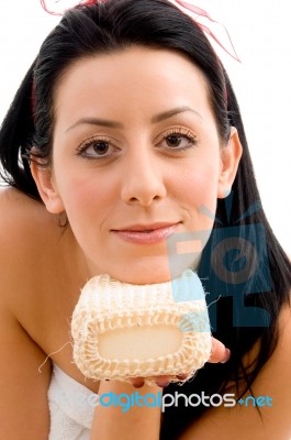 Front View Of Woman With Scrubber On White Background Stock Photo