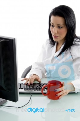 Front View Of Working Woman Holding Mug On White Background Stock Photo