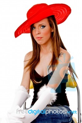 Front View Of Young Woman Wearing Hat Stock Photo