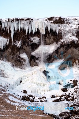 Frozen Waterfall Near Vik Iceland Stock Photo