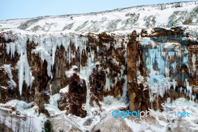 Frozen Waterfall Near Vik Iceland Stock Photo