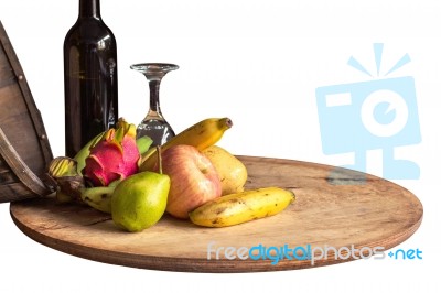 Fruit And Wine On A Wooden Stock Photo