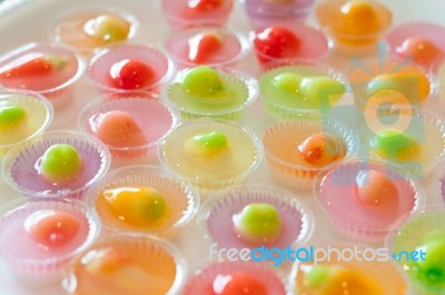 Fruit Shaped Mung Beans In Jelly Close Up In White Foam Dish, Wun Look Choup Thai Sweets Stock Photo