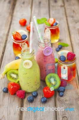 Fruit Smoothie And Jelly. Healthy Summer Treat Stock Photo