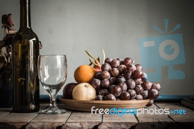 Fruit Tray And A Bottle Stock Photo