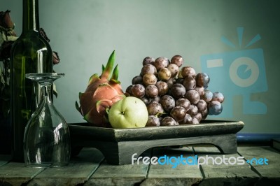 Fruit Tray And A Glass  With Of Vintage Stock Photo