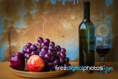 Fruits And Wine On  Table Stock Photo