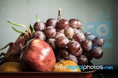 Fruits In A Red Tray Stock Photo