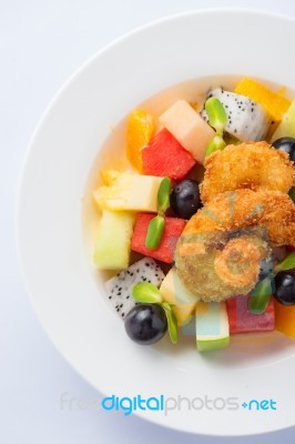 Fruits Salad In Ceramic Dish Stock Photo