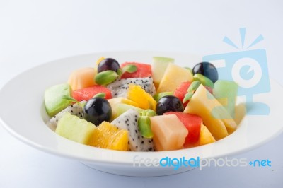 Fruits Salad In Ceramic Dish Stock Photo