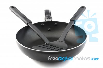 Frying Pan And Spatula Stock Photo