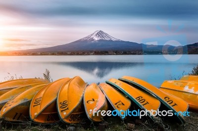 Fuji Mountain And Boat At Kawaguchiko Lake, Japan Stock Photo