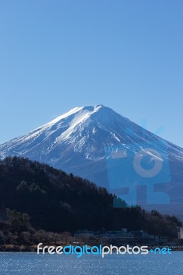 Fuji Mountain On Lake In Blue Sky Stock Photo