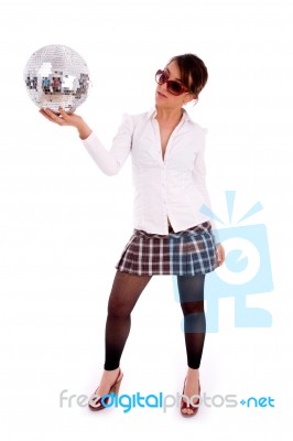 Full Body Pose Of Attractive Female Holding Disco Ball Stock Photo