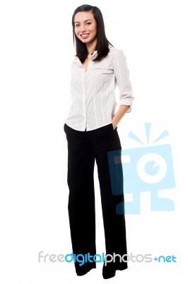 Full Length Portrait Of Trendy Young Woman Stock Photo